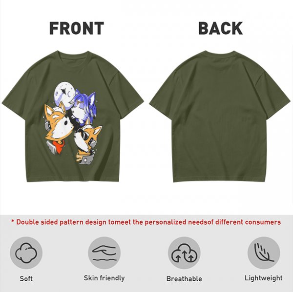 Olive T-shirt with Space Fox Crew Graphic Design