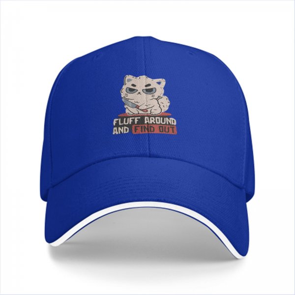 Black baseball cap with grumpy fluffy cat holding knife and 'Fluff Around And Find Out' text