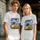 Olive T-Shirt with Starry Night Cat and Sunflowers Art Print