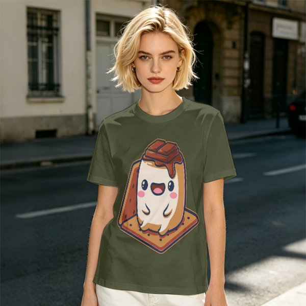 Olive T-Shirt With Cute Smores Character Graphic Print