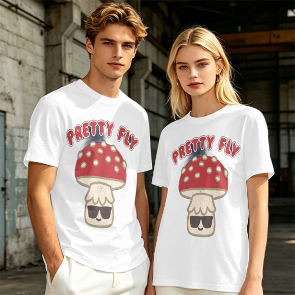 Olive green graphic t-shirt with 'Pretty Fly' and cool mushroom print