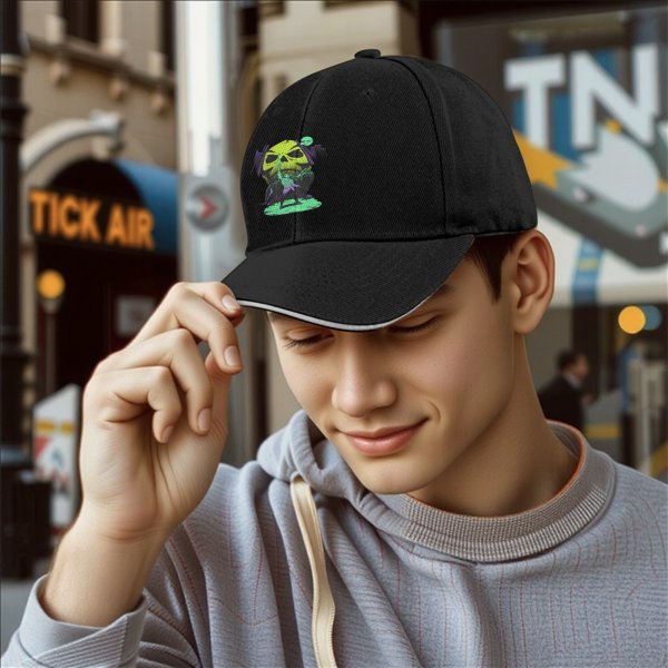 Black Baseball Cap With Neon Skull Wizard Graphic Design