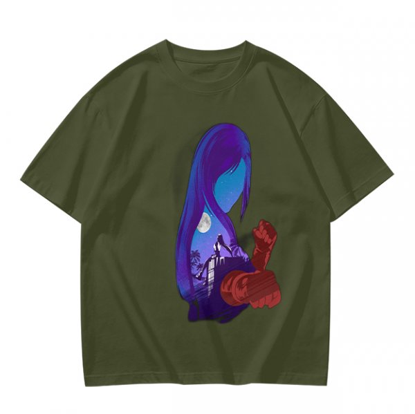 Olive T-Shirt With Purple Haired Figure Night Scene Print