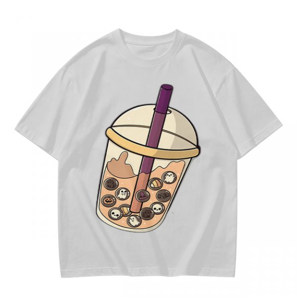 Olive T-Shirt With Halloween Themed Boba Tea Graphic