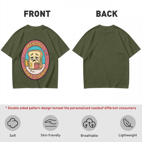 Olive T-Shirt with Sad Toast Holding Coffee and Phone Mental Bake Down Print