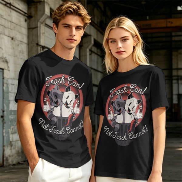 Olive t-shirt with retro cartoon raccoon and dog trash can print