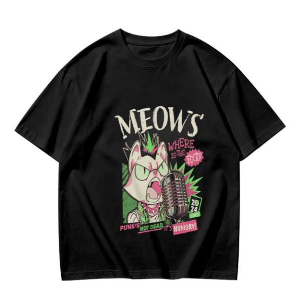 Olive T-Shirt with Punk Rock Cat Singing Microphone Graphic