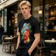 Olive green graphic t-shirt with caffeine team coffee cup and bean illustration