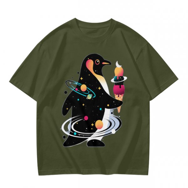 Olive T-Shirt With Cosmic Penguin And Ice Cream Print