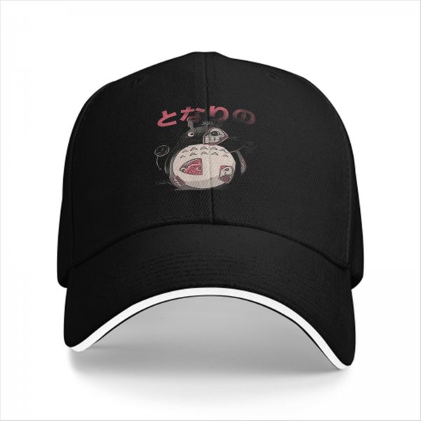 Black baseball cap with stylized Totoro graphic and Japanese text