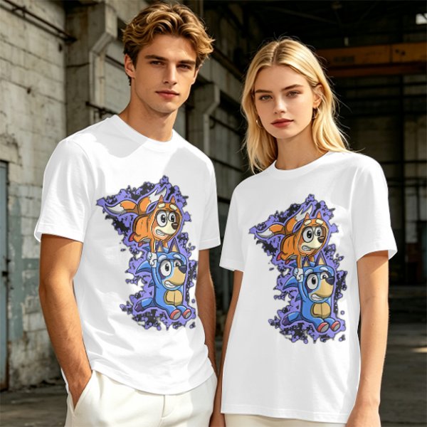 Olive green t-shirt with cartoon characters in cosplay graphic