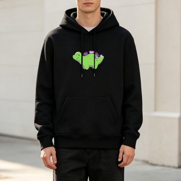Black Hoodie With Cute Green Dinosaur Graphic Print