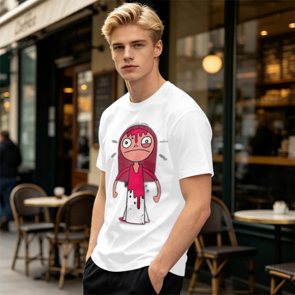 Olive Green T-Shirt With Creepy Cartoon Girl Print
