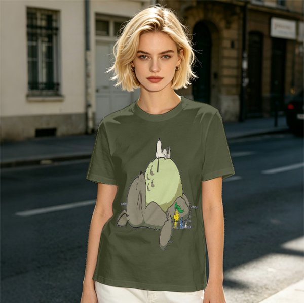 Olive T-shirt with whimsical forest spirit and small animal graphic print