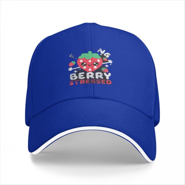 Black baseball cap with 'Berry Stressed' crying strawberry graphic