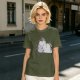 Olive green t-shirt with a chubby unicorn holding a steaming coffee cup