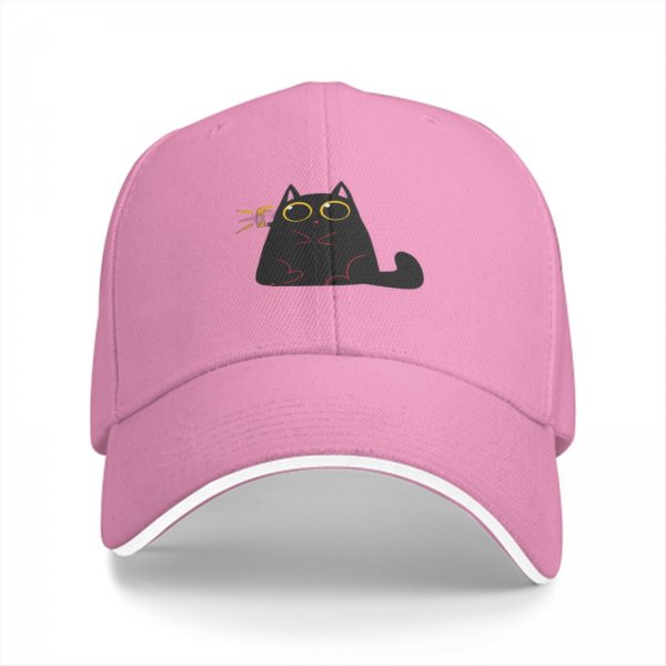 Black baseball cap with surprised cartoon black cat graphic