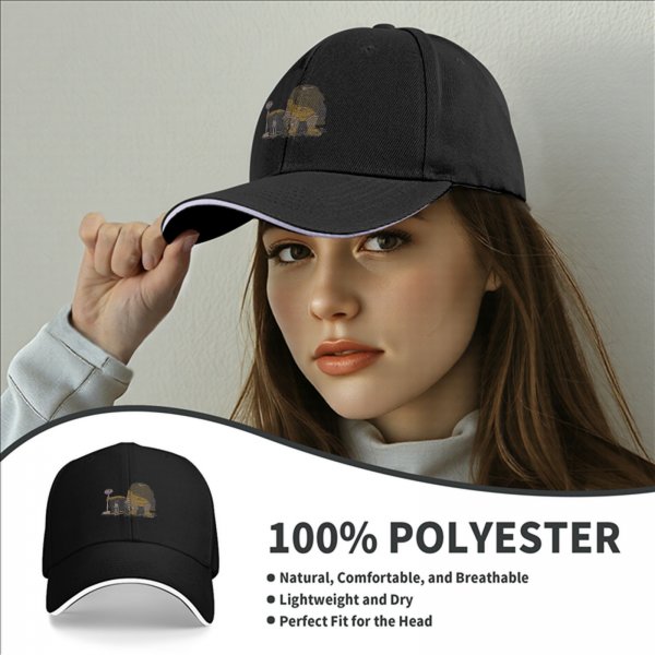 Black baseball cap with whimsical anime-style graphic print