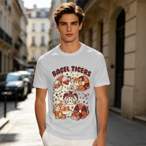Olive Green T-Shirt With Cute Bagel Tigers Graphic Print