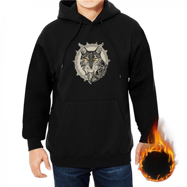 Black Hoodie With Ornate Wild Cat Head Graphic Design