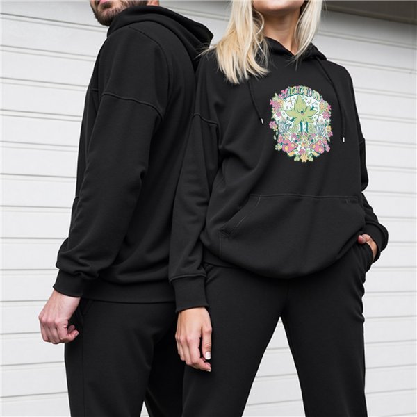 Black hoodie with floral cannabis leaf graphic design