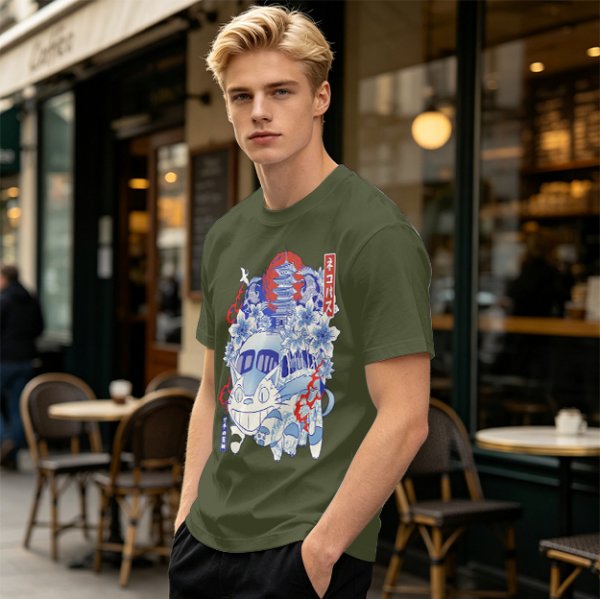 Olive green t-shirt with cat bus and Japanese traditional art print