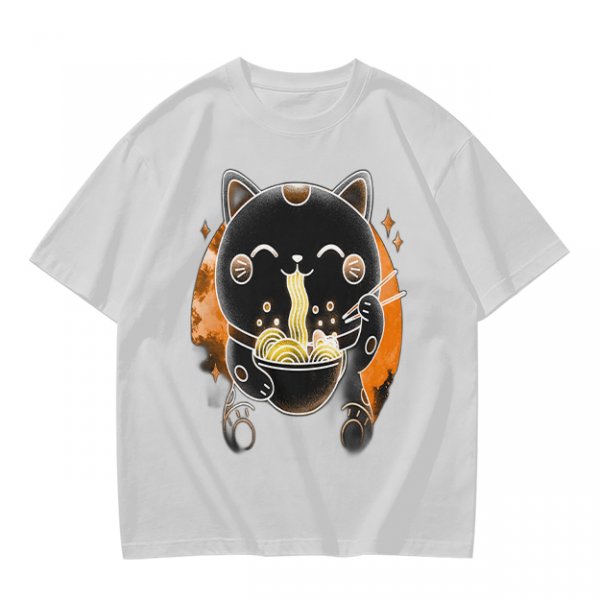 Olive T-Shirt Featuring Black Maneki-neko Cat Eating Ramen