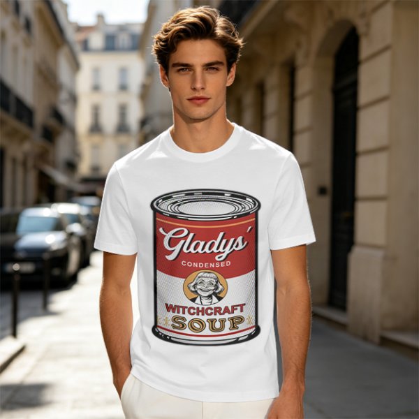 Olive T-Shirt With Gladys' Witchcraft Soup Can Graphic