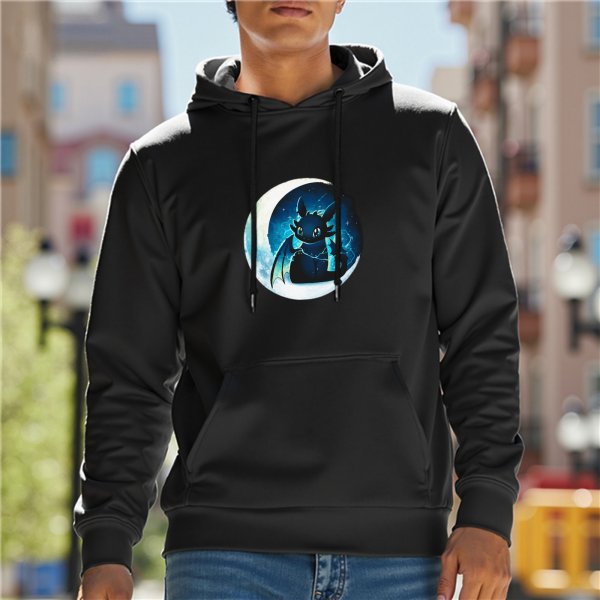 Black Hoodie With Toothless Dragon On Crescent Moon Graphic