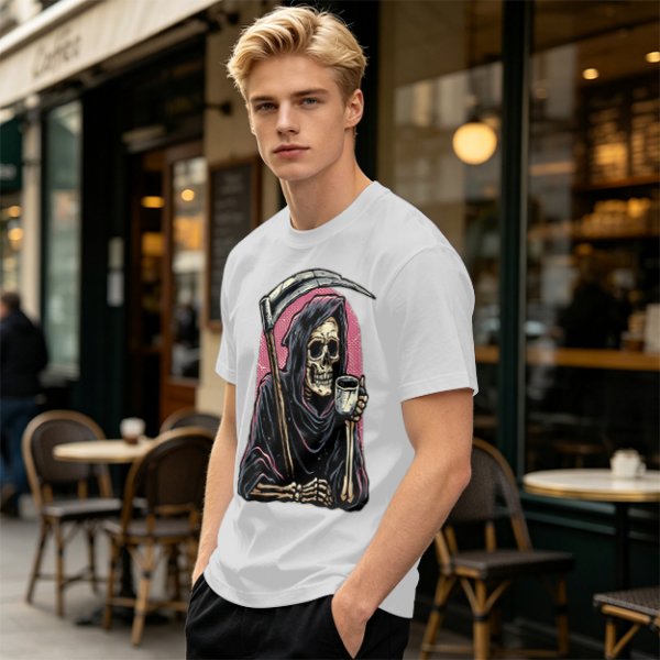 Olive T-Shirt Featuring Grim Reaper Holding Coffee and Scythe