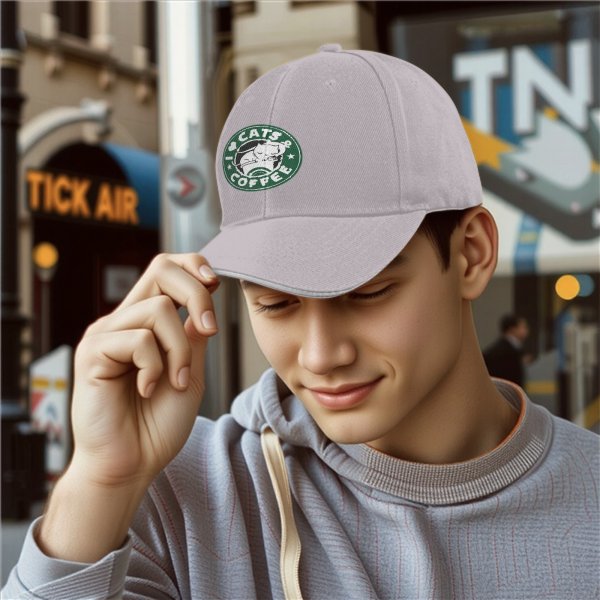 Black baseball cap with I Love Cats & Coffee graphic print