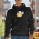 Black hoodie with a bored anime-style character graphic print
