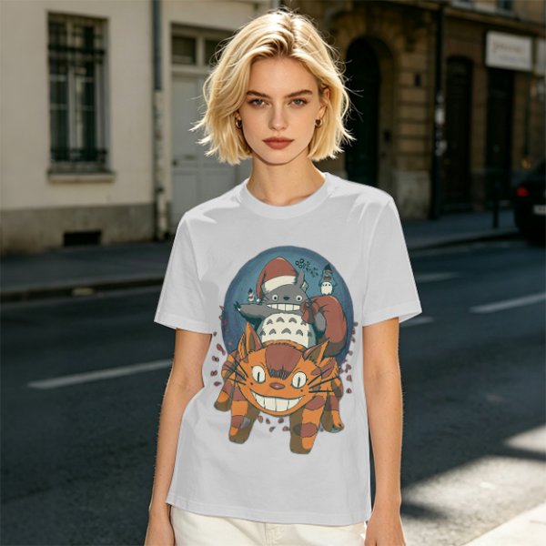 Olive T-shirt with Christmas Totoro Riding Catbus Graphic