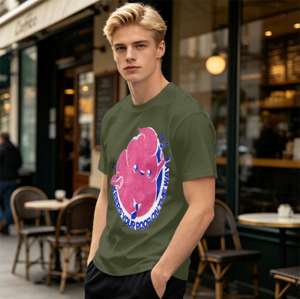 Olive T-Shirt With Funny Colon Graphic 'Keeps Your Poop On The Way' Print