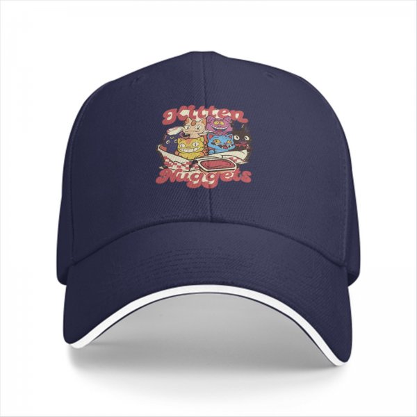 Black baseball cap with Kitten Nuggets cartoon cat graphic