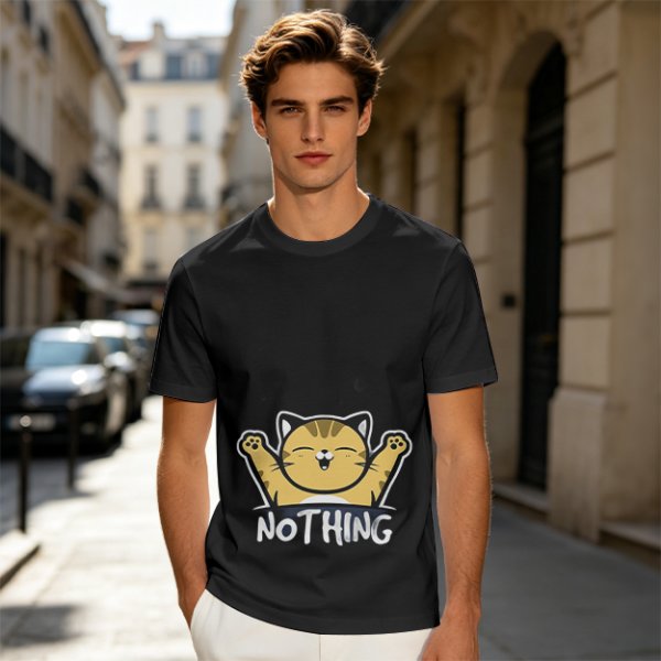 Olive T-Shirt with Happy Raised Paw Cat and 'NOTHING' Print