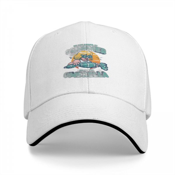 Black baseball cap with summer umbrella graphic and retro sun design