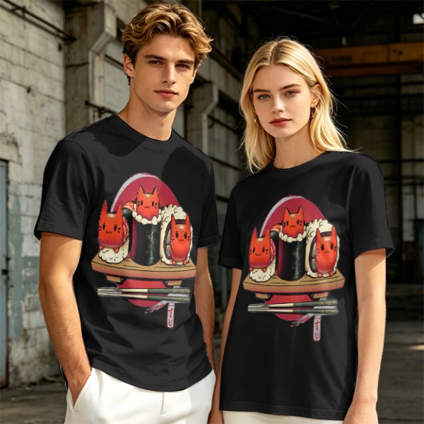 Olive t-shirt with cute cat sushi characters on a wooden platter
