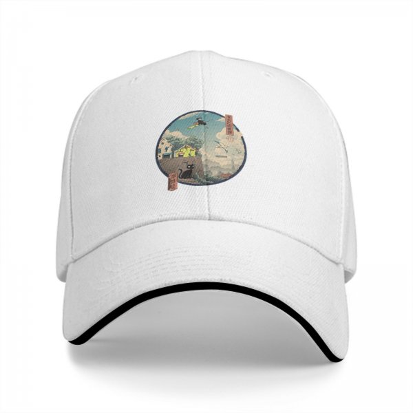 Black baseball cap with witch and black cat fantasy town print