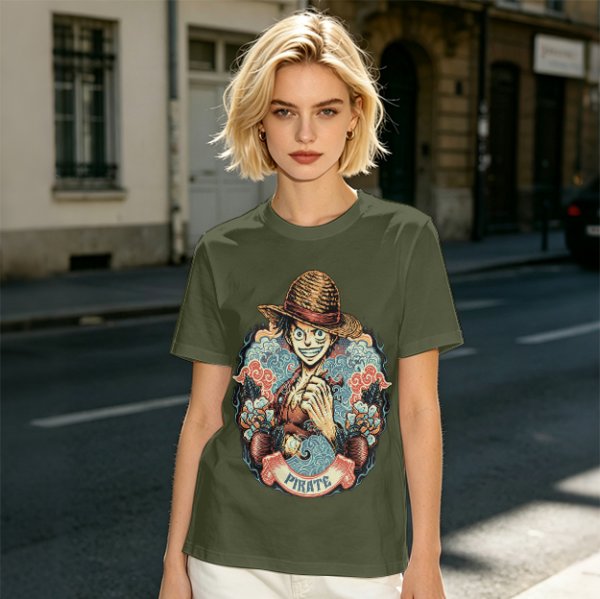 Olive T-Shirt Featuring Monkey D. Luffy Pirate Anime Art