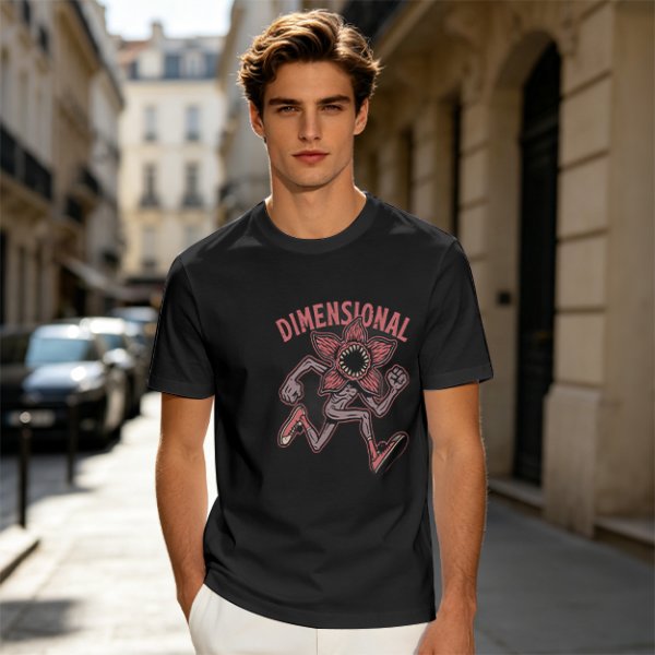 Olive green t-shirt with dimensional demogorgon graphic print