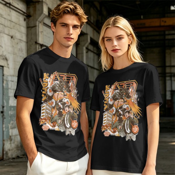 Olive green anime graphic t-shirt with monster and city scene
