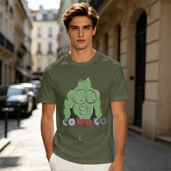 Oversized Army Green T-Shirt With Muscular Frog Lifting Dumbbells Print