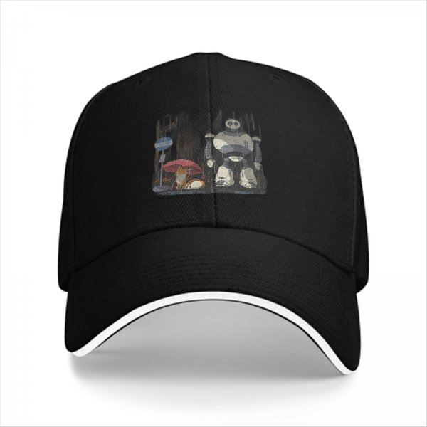 Black Baseball Cap With Robot And Mushroom Graphic Print