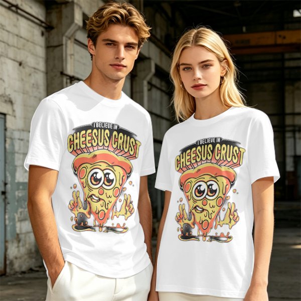 Olive t-shirt with 'I Believe In Cheesus Crust' pizza graphic