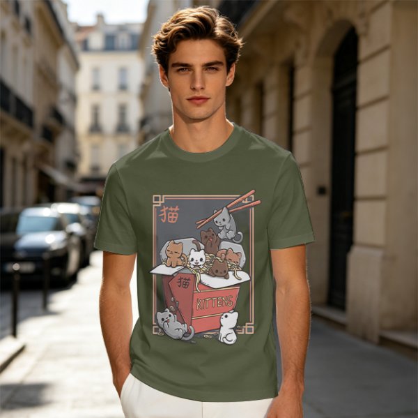 Olive t-shirt with playful kittens in takeout noodle box graphic