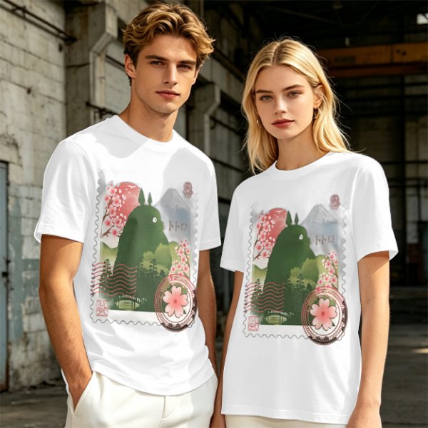 Olive T-Shirt with Totoro Cherry Blossom Stamp Art Print