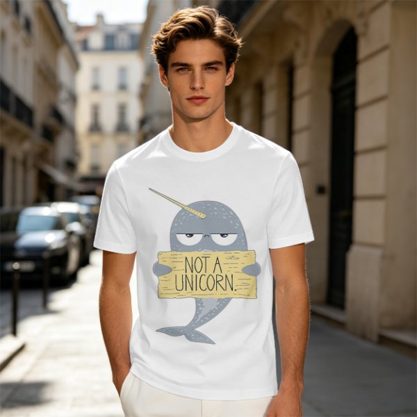 Olive T-Shirt With Grumpy Narwhal Holding Not A Unicorn Sign