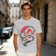 Olive T-shirt with stylized white dragon and red circular graphic print