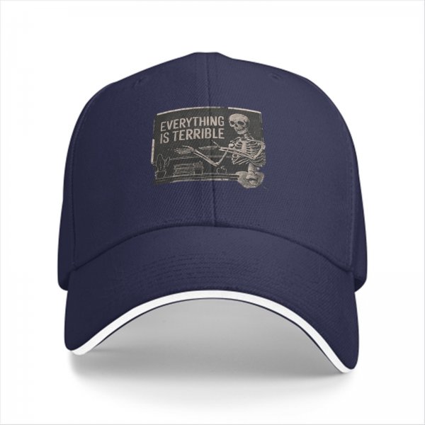 Black baseball cap with 'Everything is Terrible' skeleton graphic